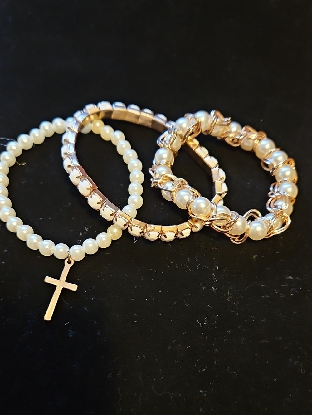 Pearl and Gold-Tone Stackable Bracelet Set - White Pearls
